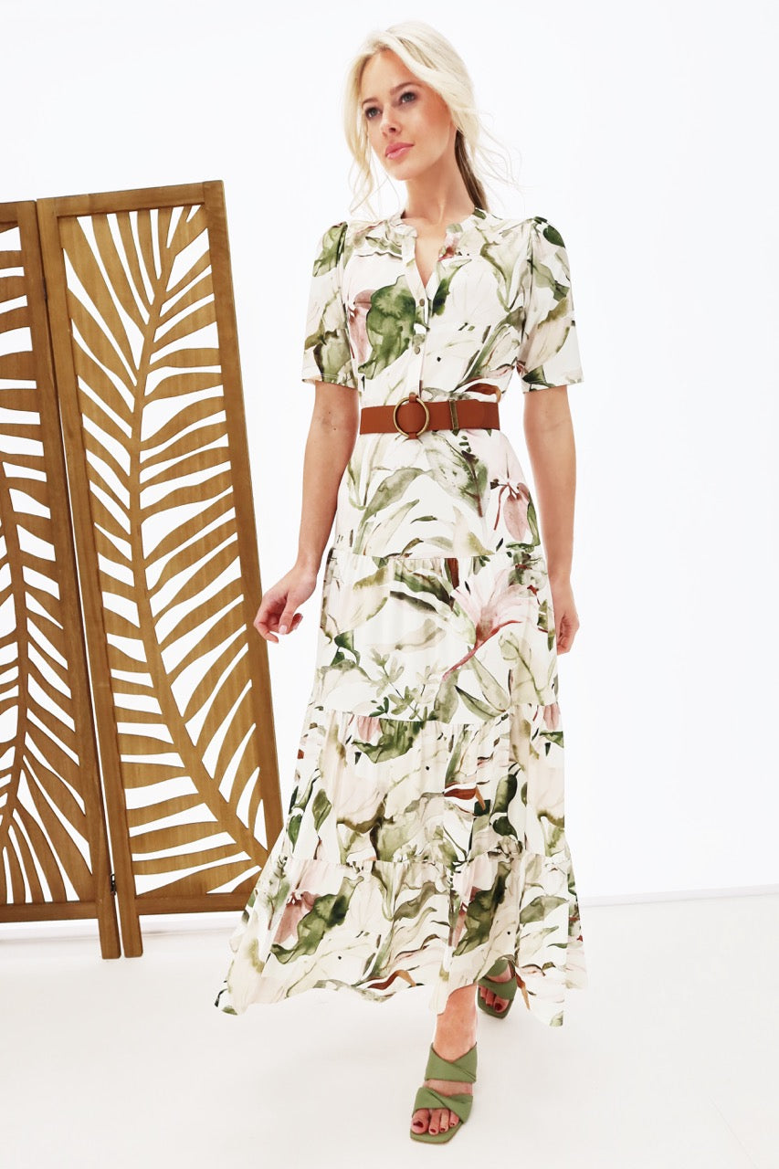 K-design - Maxi dress met bloemenprint, volant en bijpassende riem (Y132) - What Els!