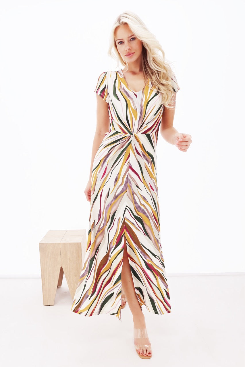 K-design - Maxi dress met print, V-hals en knoop (Y221) - What Els!