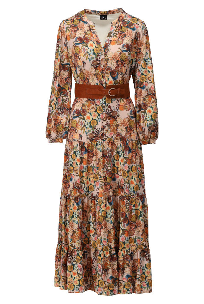 K-design - Maxi dress met print, volants en bijpassende riem