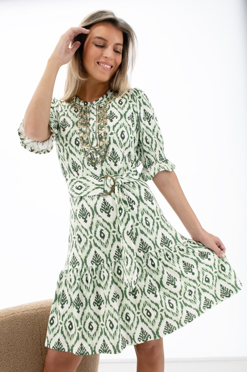 K-design - Mini dress met boho print en stoffen riem (Y114) - What Els!