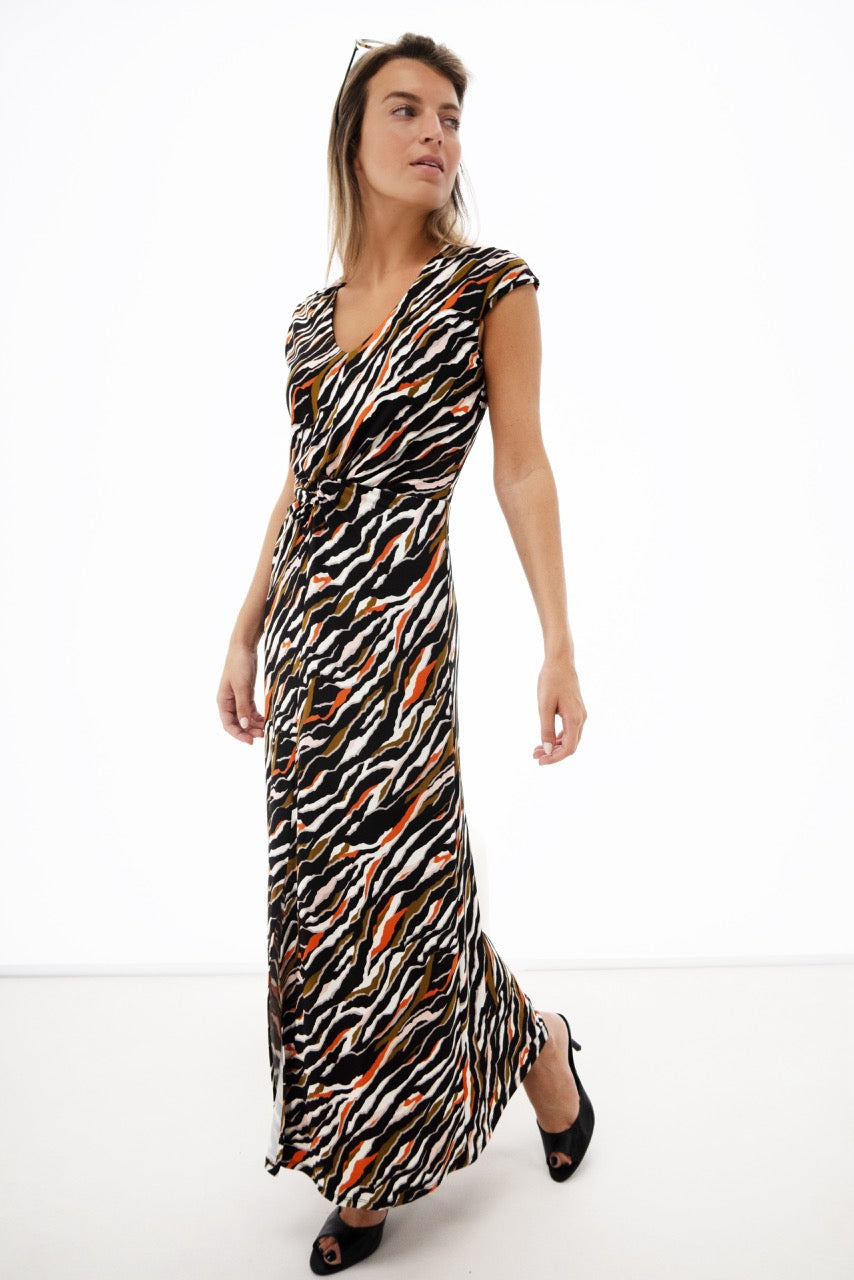 K-design - Maxi dress met V-hals, safariprint en knoop (Y116) - What Els!