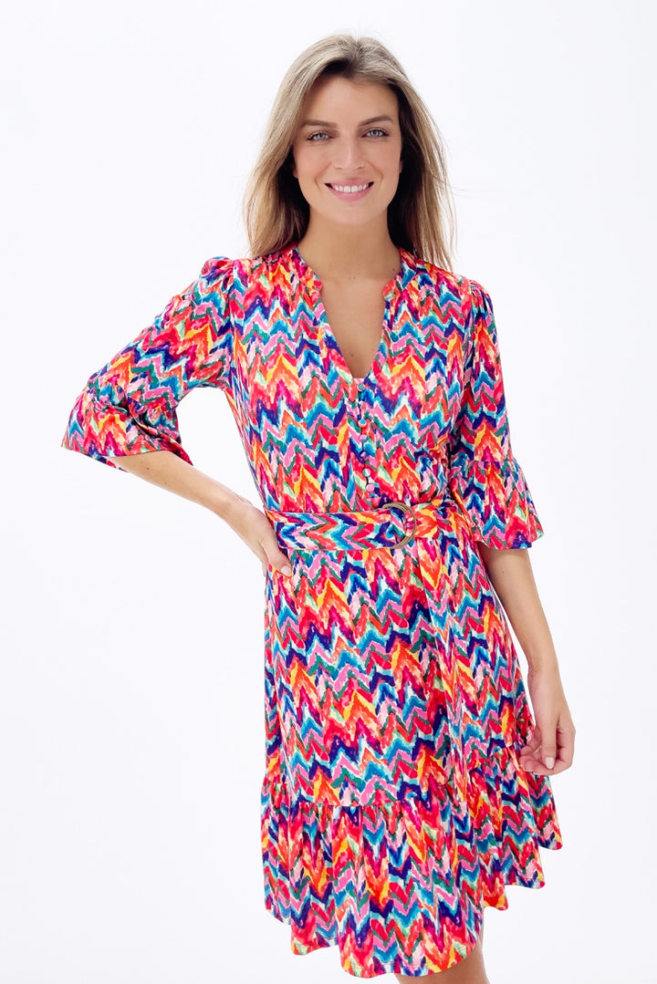 K-design - Mini dress met print, volant en stoffen riem (Y119) - What Els!