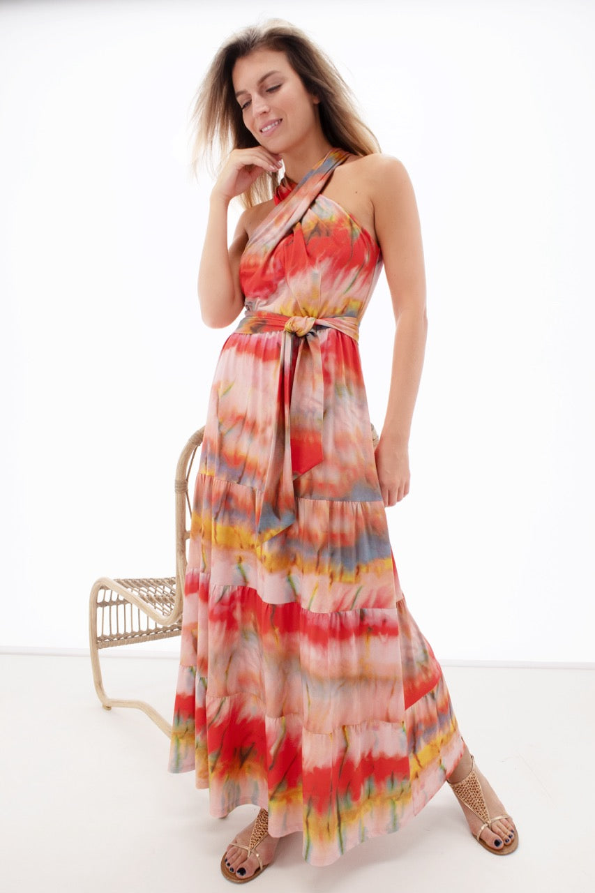 K-design - Maxi dress met tie-dye print, gekruiste hals en stoffen riem (Y214) - What Els!