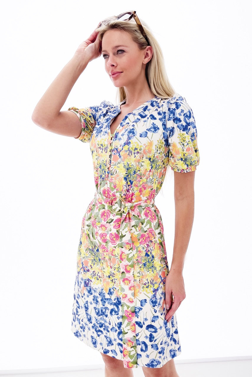 K-design - Mini dress met bloemenprint, schouderfranjes en stoffen riem (Y235) - What Els!