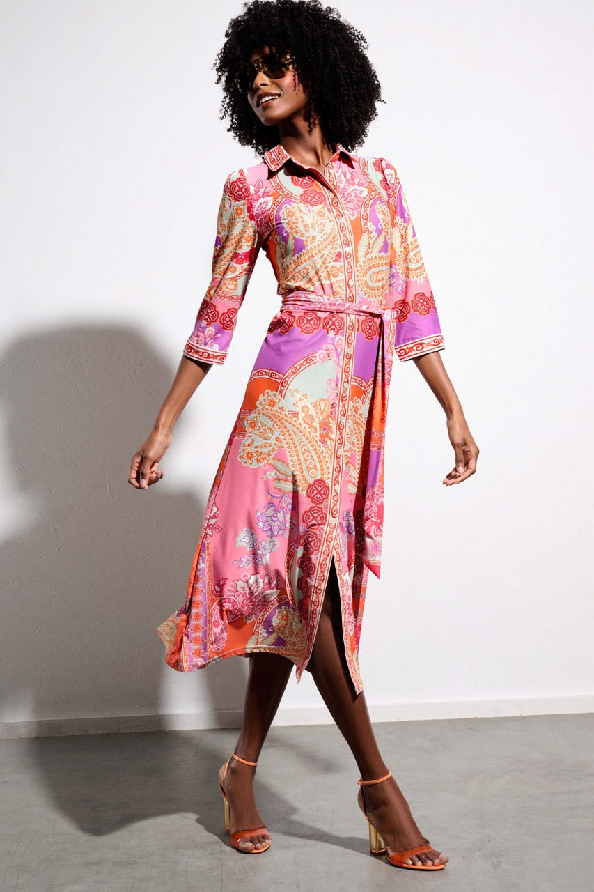K-design - Midi dress met print, knopen en stoffen riem (Y254) - What Els!