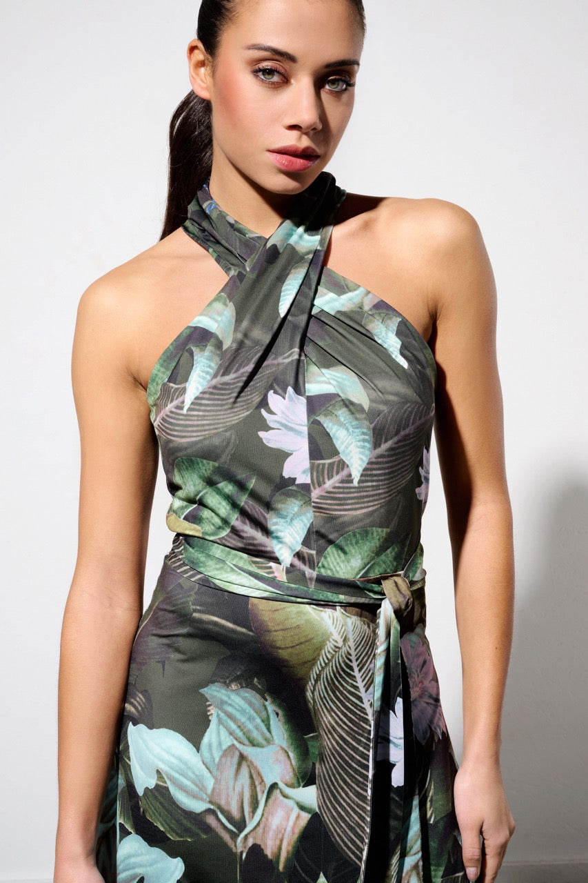 K-design - Maxi dress met jungle bloemenprint, gekruiste hals en stoffen riem (Y303) - What Els!