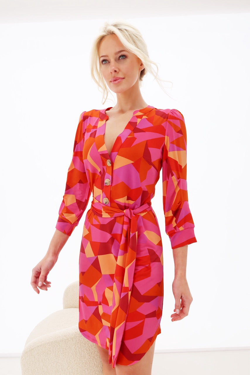 K-design - Mini dress met print, knopen en stoffen riem (Y367) - What Els!