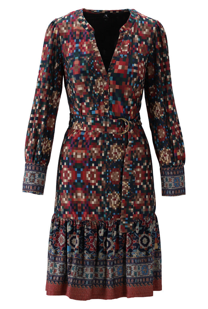 K-design - Mini dress met mozaïek print en stoffen riem (X392) - What Els!