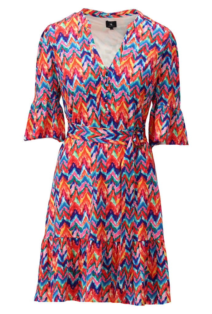 K-design - Mini dress met print, volant en stoffen riem (Y119) - What Els!