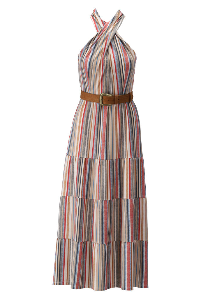 K-design - Gestreepte maxi dress met gekruiste hals en bijpassende riem (Y207) - What Els!