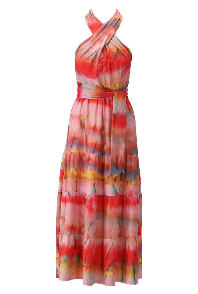 K-design - Maxi dress met tie-dye print, gekruiste hals en stoffen riem (Y214) - What Els!