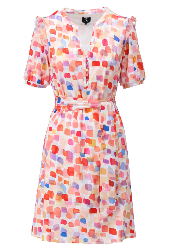 K-design - Mini dress met print, schouderfranjes, knopen en stoffen riem (Y225) - What Els!