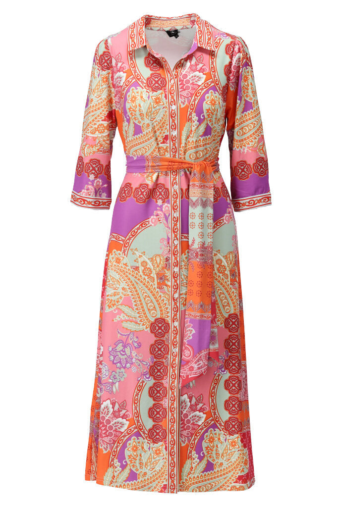 K-design - Maxi dress met print, knopen en stoffen riem (Y254) - What Els!