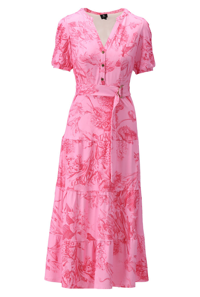 K-design - Maxi dress met bloemenprint, volant en stoffen riem (Y337) - What Els!