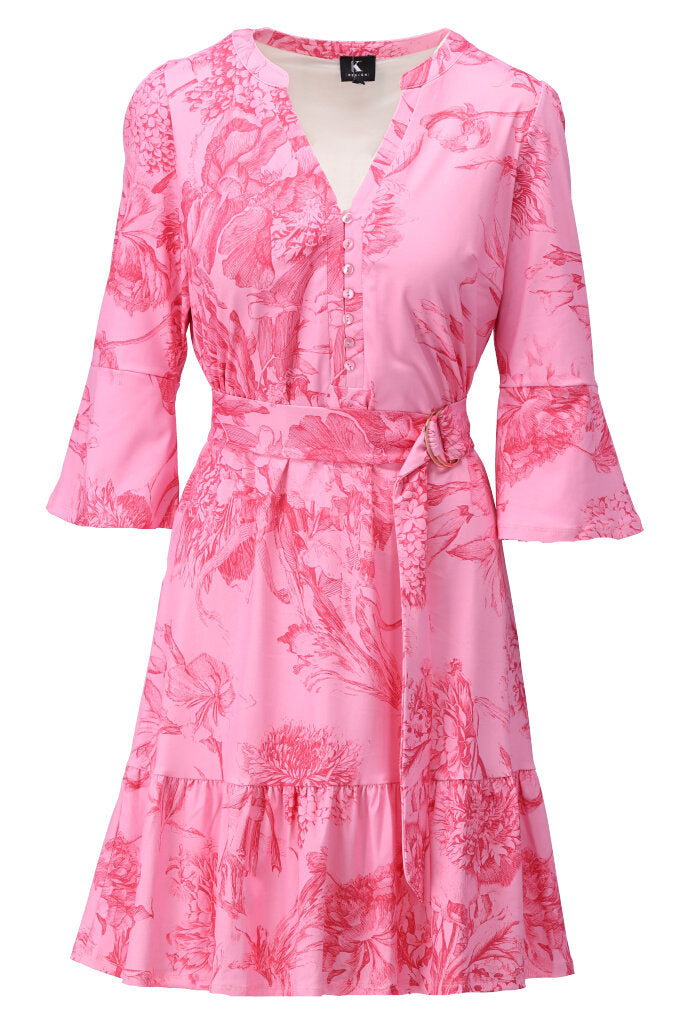 K-design - Mini dress met bloemenprint, volant en stoffen riem (Y338) - What Els!