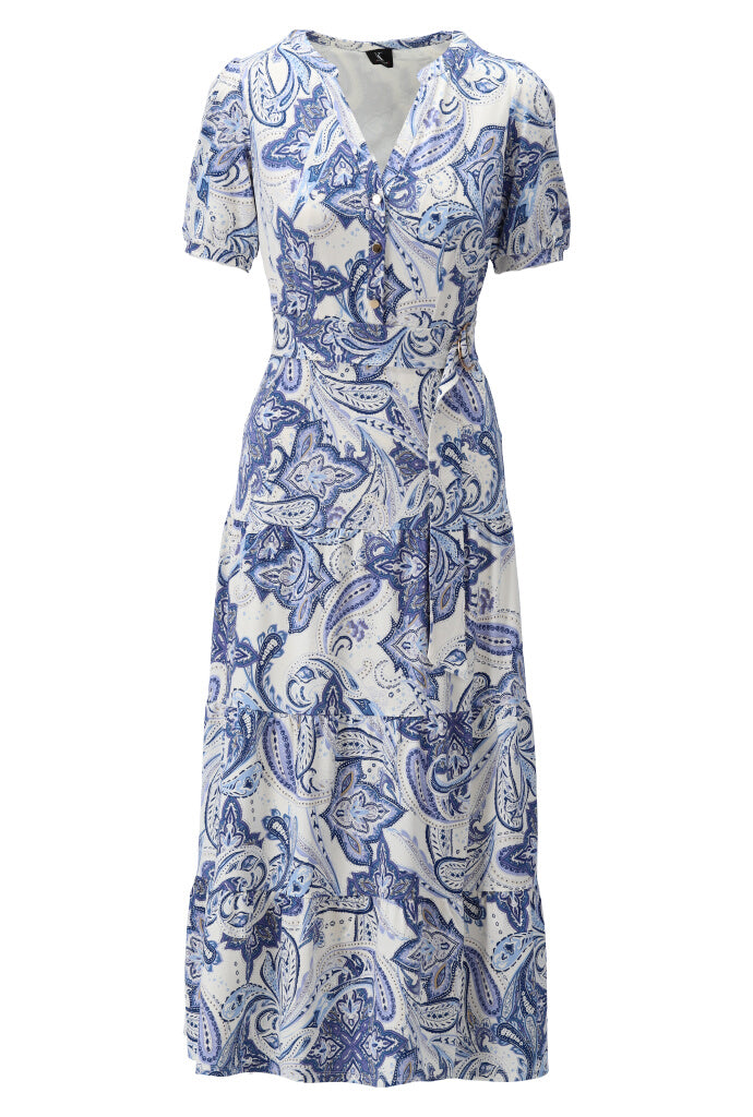 K-design - Maxi dress met print, volant en stoffen riem (Y362) - What Els!
