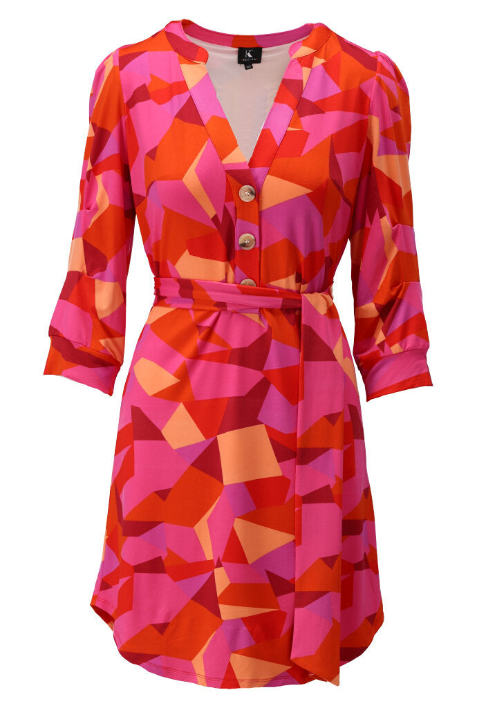 K-design - Mini dress met print, knopen en stoffen riem (Y367) - What Els!