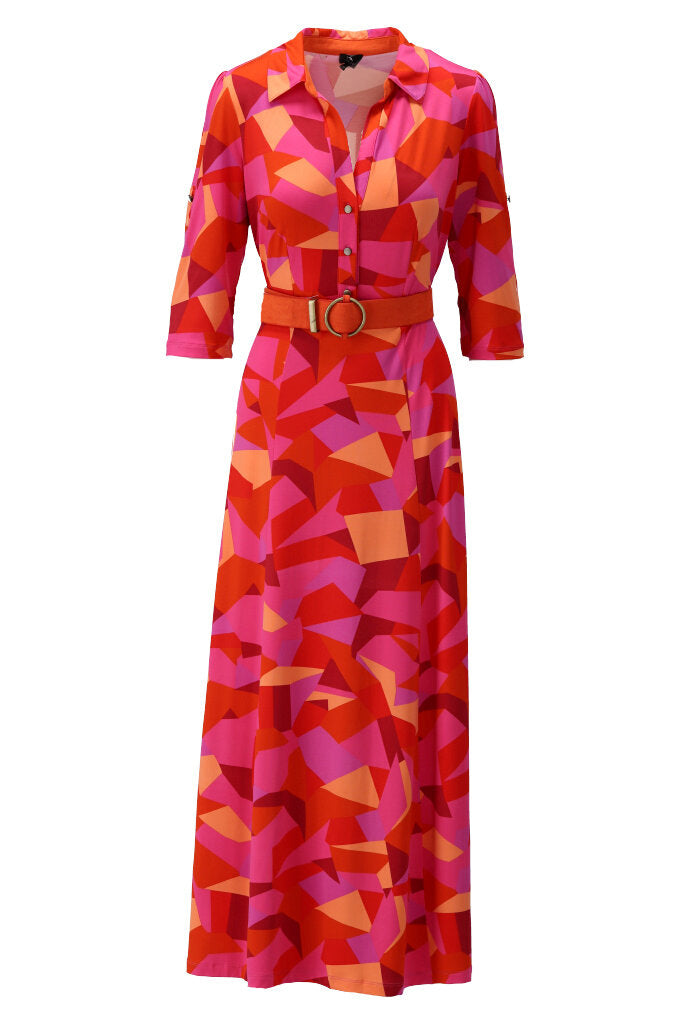 K-design - Maxi dress met print , knopen en bijpassende riem (Y369) - What Els!