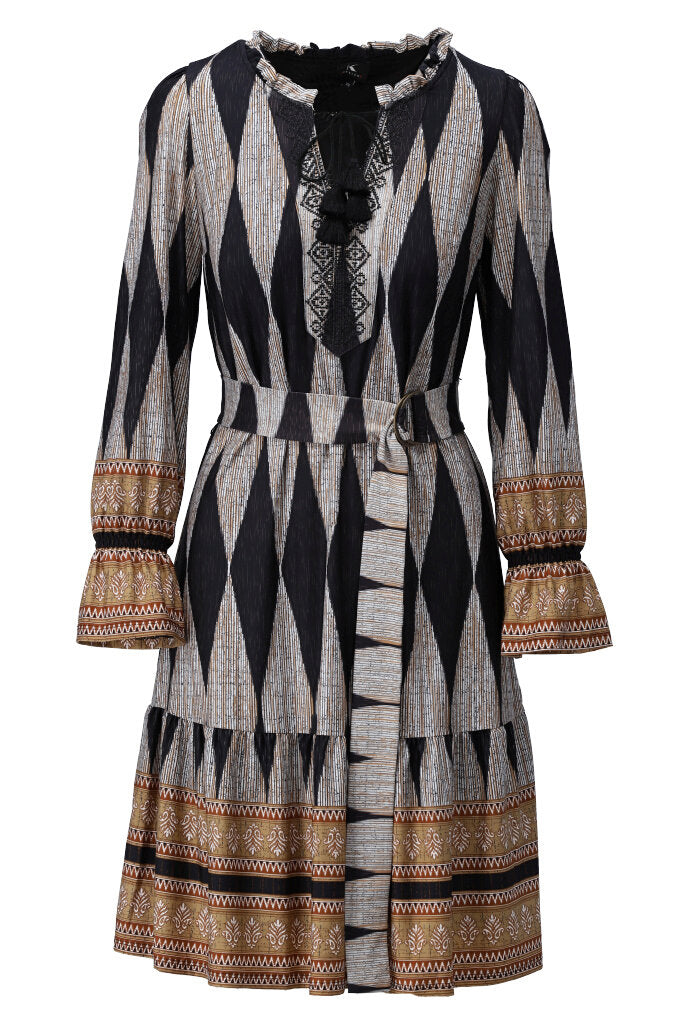 K-design - Mini dress met print, volant en stoffen riem