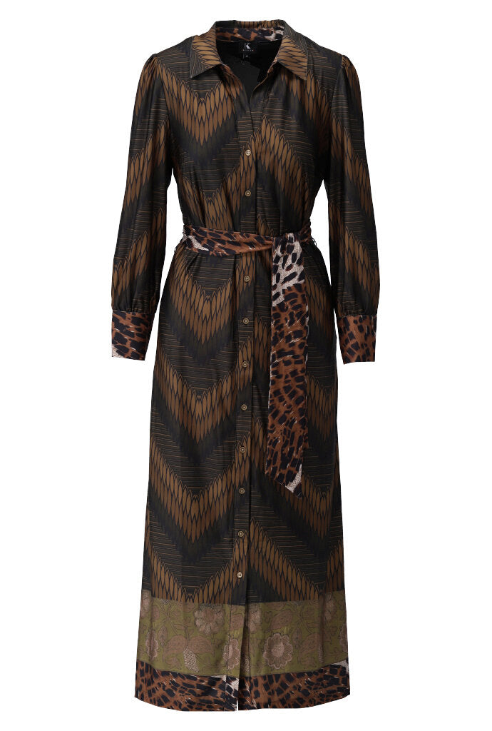 K-design - Maxi dress met print, knopen en stoffen riem