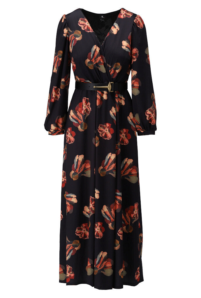 K-design - Maxi dress crossover met print, plooi en bijpassende riem