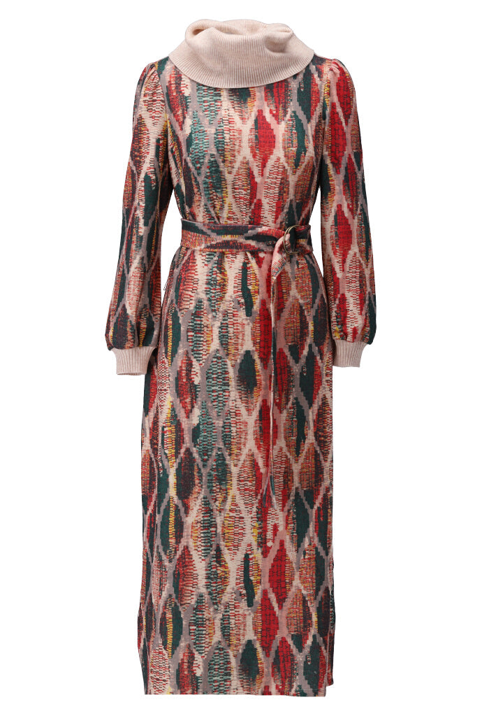 K-design - Maxi dress met print, rolkraag en stoffen riem