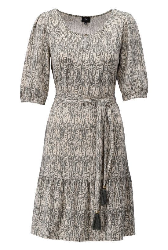 K-Design K-Design - Midi dress met print, volant en stoffen riem (W201) - What Els!