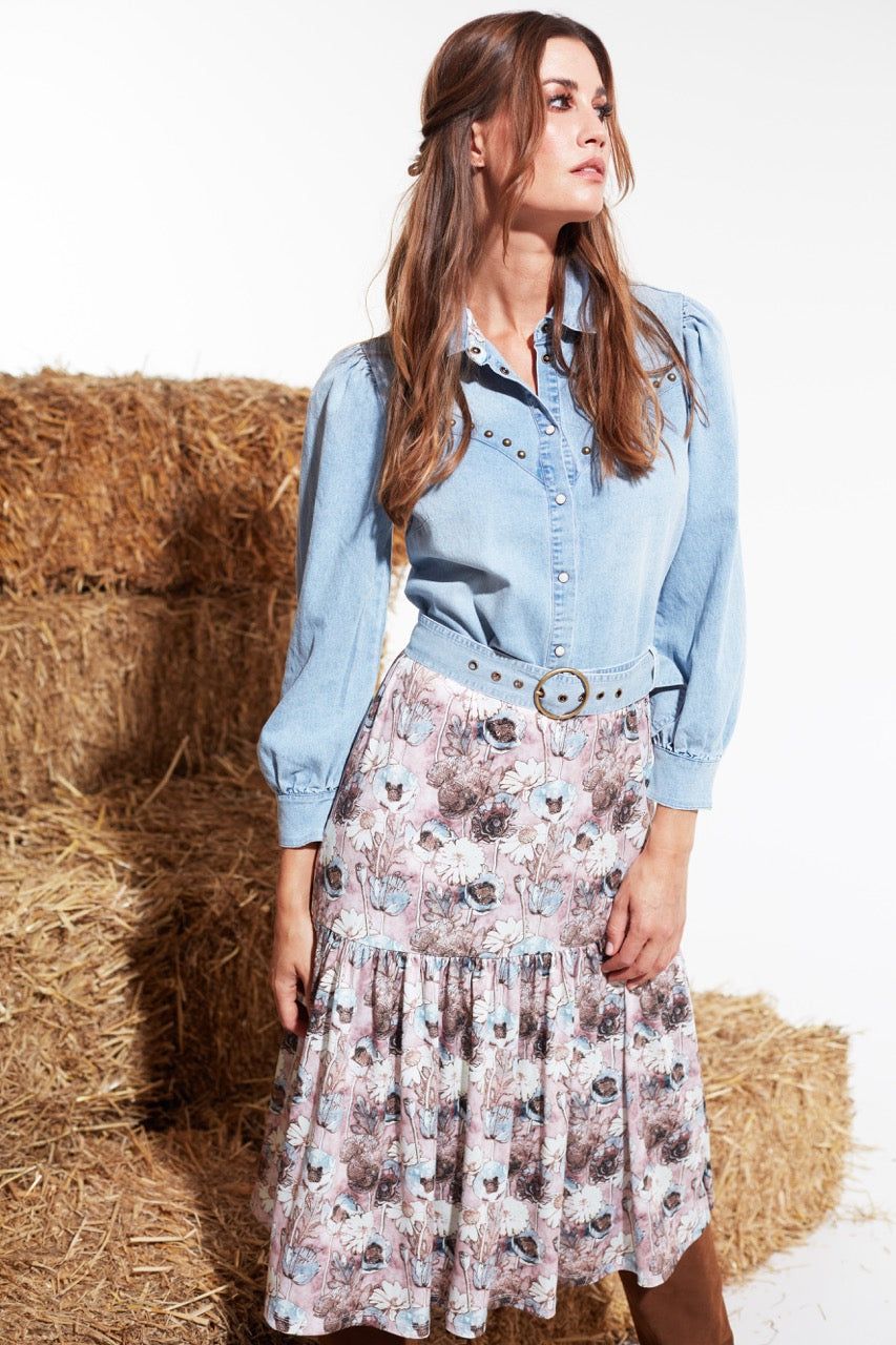 K-Design K-Design - Maxi dress met effen bovenstuk in jeans en riem (V359) - What Els!